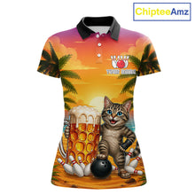 Load image into Gallery viewer, Beer And Cat Funny Women Bowling Polo Shirt Custom Summer Tropical Youth Bowling Shirts 