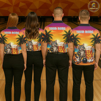 Cheer Beer And Cat Funny Men Bowling Shirt Custom Summer Tropical Youth Bowling Shirts NYN3277