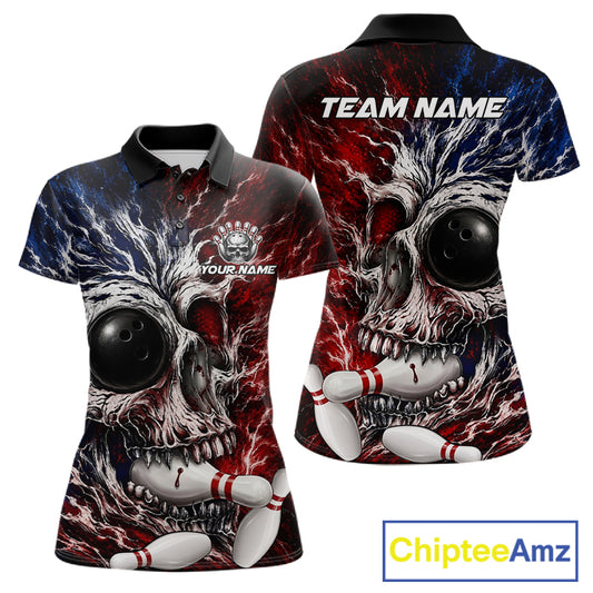 Grunge Skull Women Bowling Polo  Shirt Custom Youth Bowling Team Outfits