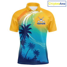 Load image into Gallery viewer, Summer palm trees men's golf polo shirt, personalized US flag golf apparel, tropical golf shirt, golf vacation clothing