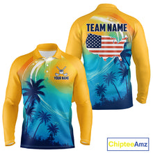 Load image into Gallery viewer, Summer palm trees men's golf long sleeves polo shirt, personalized US flag golf apparel, tropical golf shirt, golf vacation clothing