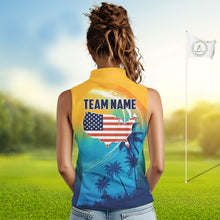Load image into Gallery viewer, Female golfer wearing summer palm trees golf polo shirt, patriotic golf apparel, tropical golf outfit