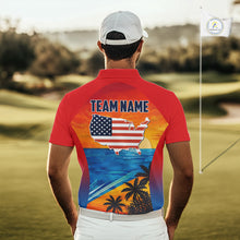 Load image into Gallery viewer, Male golfer wearing palm trees and ocean golf polo shirt, summer golf apparel, beach golf outfit