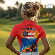 Load image into Gallery viewer, Female golfer wearing palm trees and ocean golf polo shirt, summer golf apparel, beach golf outfit