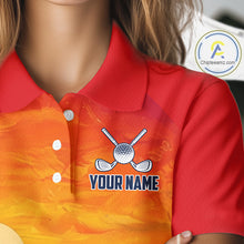 Load image into Gallery viewer, Female golfer wearing palm trees and ocean golf polo shirt, summer golf apparel, beach golf outfit