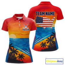 Load image into Gallery viewer, Palm trees and ocean women's golf polo shirt, patriotic golf apparel, beach golf shirt, custom golf team clothing
