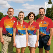 Load image into Gallery viewer, Men women golf team wearing matching palm trees ocean golf polo shirts, summer golf uniforms, golf outing apparel