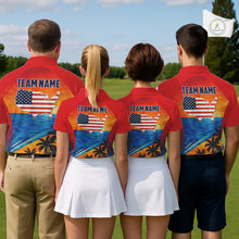 Load image into Gallery viewer, Men women golf team wearing matching palm trees ocean golf polo shirts, summer golf uniforms, golf outing apparel