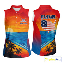 Load image into Gallery viewer, Palm trees and ocean women's golf polo shirt, patriotic golf apparel, beach golf shirt, custom golf team clothing