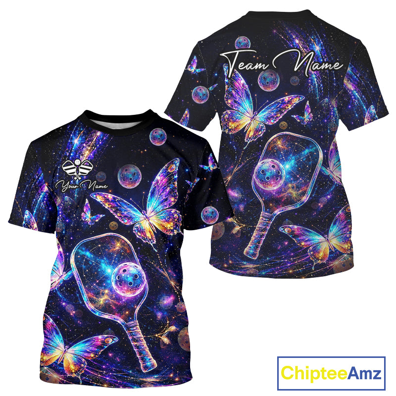 Custom Butterfly Rainbow Holographic Pickleball T-Shirt For Men Pickleball Paddle League Shirts NYN3864