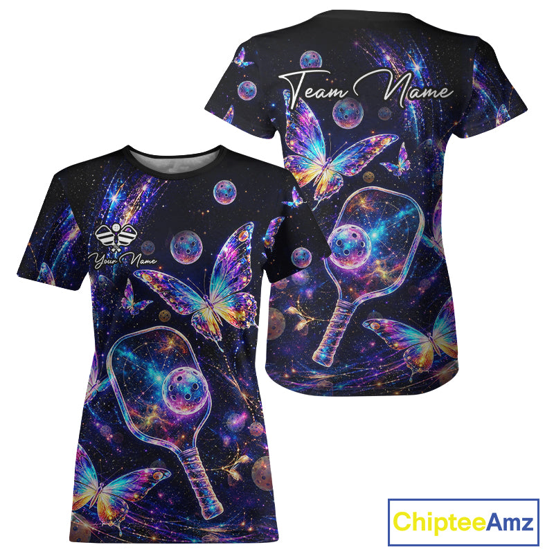 Butterfly Rainbow Holographic Women's Pickleball T-Shirt, Personalized Colorful Pickleball Shirt, Rainbow Butterfly Sports Apparel, League Tournament Tee