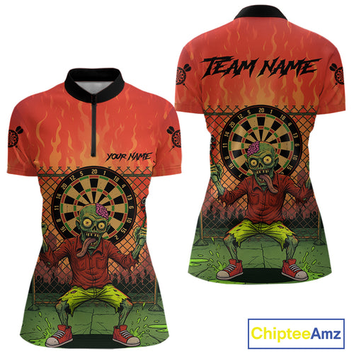 Custom Green & Orange Funny Zombie Dartboard Dart Women Quarter-Zip Jerseys Funny Dart Shirts NYN1742