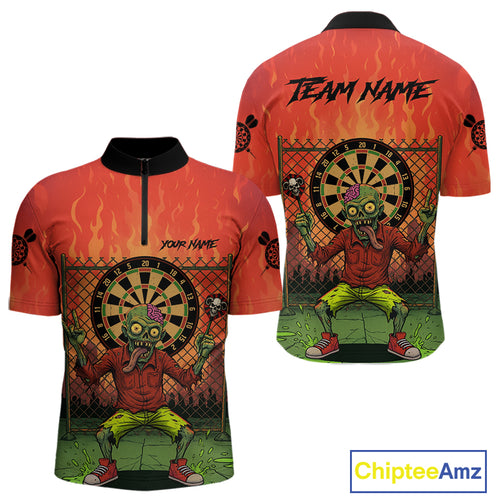 Custom Green & Orange Funny Zombie Dartboard Dart Men Quarter-Zip Jerseys Funny Dart Shirts NYN1742