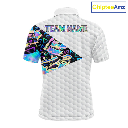Personalized Mens Golf Polo Shirt Custom Name Holographic And White Golf Ball Golf Attire NYN2912