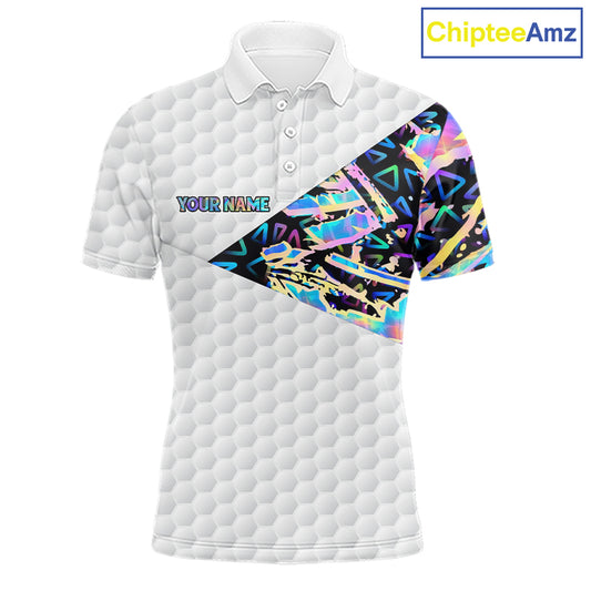 Personalized Mens Golf Polo Shirt Custom Name Holographic And White Golf Ball Golf Attire NYN2912