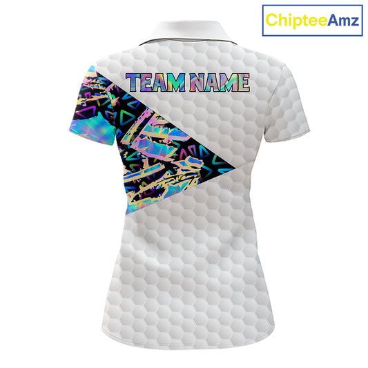 Personalized Womens Golf Polo Shirt Custom Name Holographic And White Golf Ball Golf Attire NYN2912