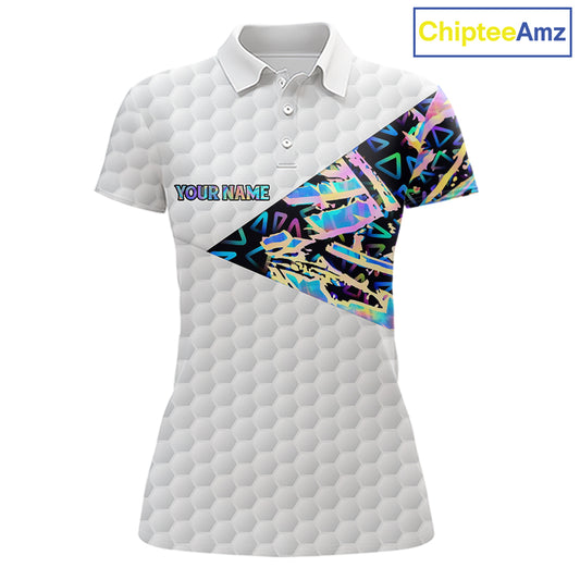 Personalized Womens Golf Polo Shirt Custom Name Holographic And White Golf Ball Golf Attire NYN2912