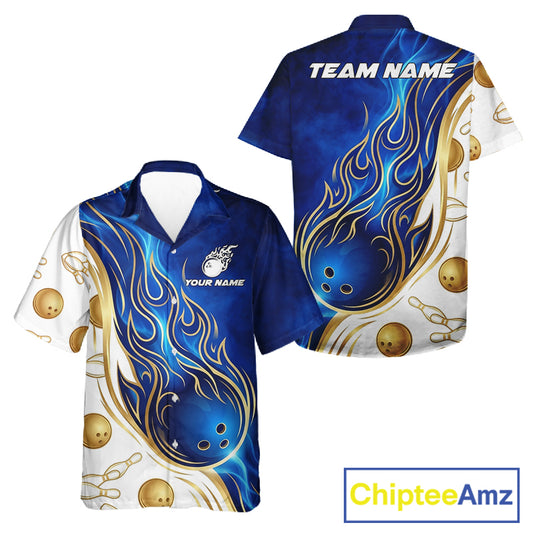 Gold and Blue Flames bowling Hawaiian shirt featuring dynamic flame artwork, custom bowling button-up shirt, tropical aloha bowling apparel, personalized league uniform, lightweight vacation bowling team shirt with performance-inspired graphics