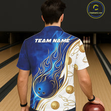 Load image into Gallery viewer, Male and female models wearing Gold and Blue Flames bowling Hawaiian shirts, vibrant tropical bowling button-up apparel, custom league team clothing, resort vacation outfit symbolizing energy, confidence, victory and teamwork