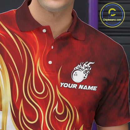 Custom Gold And Red Flames Bowling Team Jerseys, Bowling League Polo & 1/4-Zip Shirt For Men NYN2918