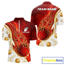 Load image into Gallery viewer, Custom Gold And Red Flames Bowling Team Jerseys, Bowling League Polo &amp; 1/4-Zip Shirt For Men NYN2918