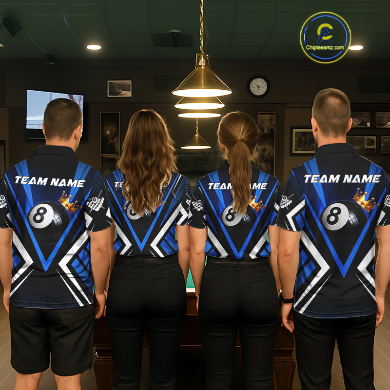Personalized Crown 8 Ball Pool Black And Blue Polo Shirts For Men, Custom Billiard Team Apparel NYN3292