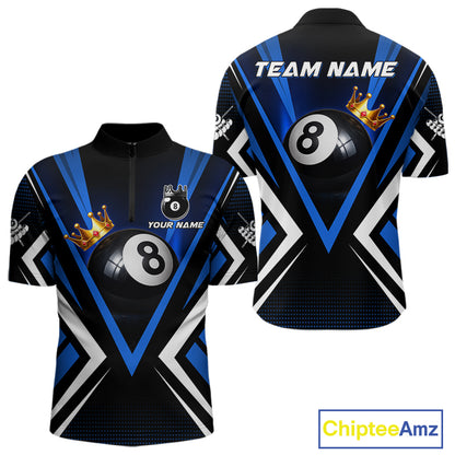 Crown 8 ball black and blue billiard 1/4-zip shirt for men custom pool apparel