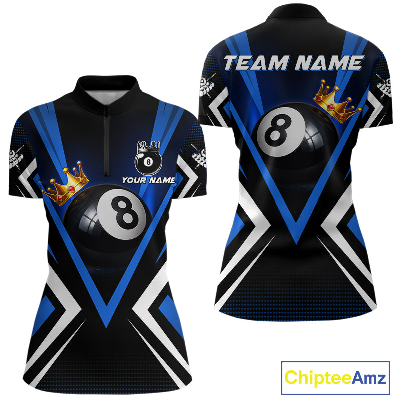 Crown 8 ball black and blue billiard quarter-zip shirt for women custom pool apparel