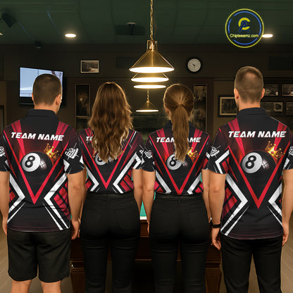 Personalized Crown 8 Ball Pool Black And Red Polo Shirts For Men, Custom Billiard Team Apparel NYN3293