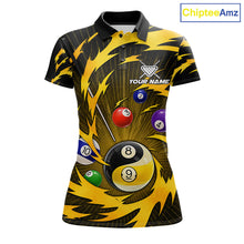 Load image into Gallery viewer, Yellow tornado yin yang billiard shirt for women with custom 8 ball and 9 ball graphics