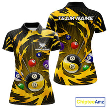 Load image into Gallery viewer, Yellow tornado yin yang billiard polo shirt for women with custom 8 ball and 9 ball graphics