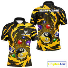 Load image into Gallery viewer, Yellow tornado yin yang billiard polo shirt for men with custom 8 ball and 9 ball graphics