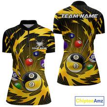 Load image into Gallery viewer, Yellow tornado yin yang billiard 1/4-zip shirt for women with custom 8 ball and 9 ball graphics