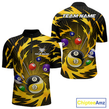 Load image into Gallery viewer, Yellow tornado yin yang billiard 1/4-zip shirt for men with custom 8 ball and 9 ball graphics