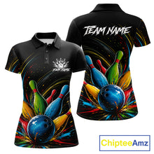 Load image into Gallery viewer, Splatter colorful bowling ball and pins women's bowling polo shirt, custom bowling team jersey, splash bowling league uniform, personalized bowling apparel, bowling tournament shirt, performance bowling polo