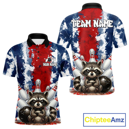 Funny raccoon bowling ball and pins men's bowling polo shirt, red and blue bowling jersey, custom bowling team shirt, personalized bowling apparel, bowling league uniform