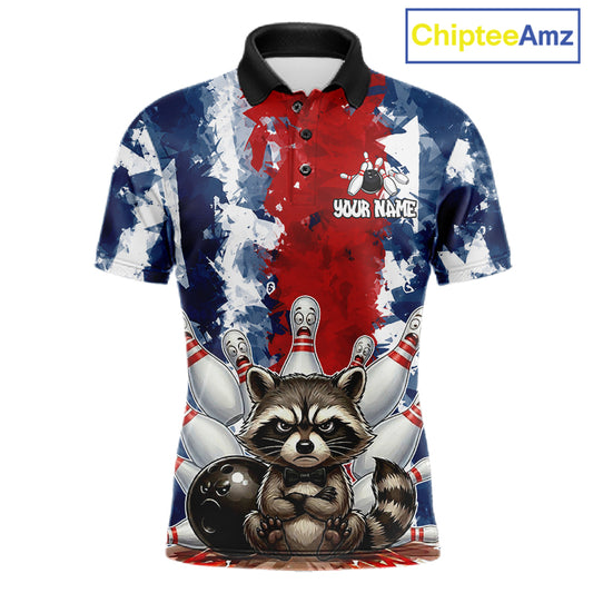 Funny raccoon bowling ball and pins men's bowling polo shirt, red and blue bowling jersey, custom bowling team shirt, personalized bowling apparel, bowling league uniform
