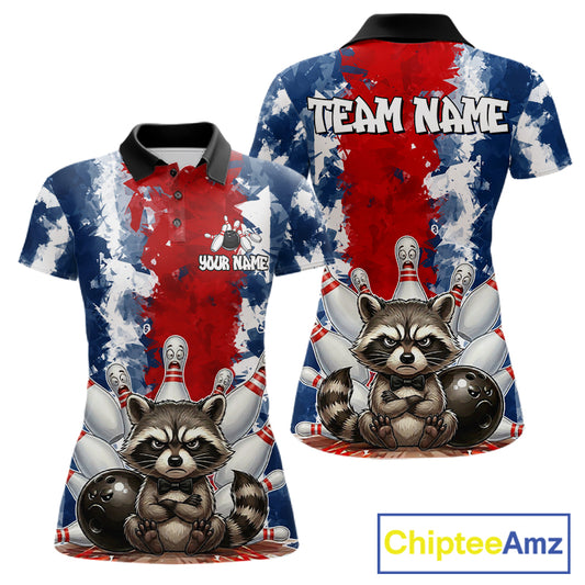 Funny raccoon bowling ball and pins women's bowling polo shirt, red and blue bowling jersey, custom bowling team shirt, personalized bowling apparel, bowling league uniform