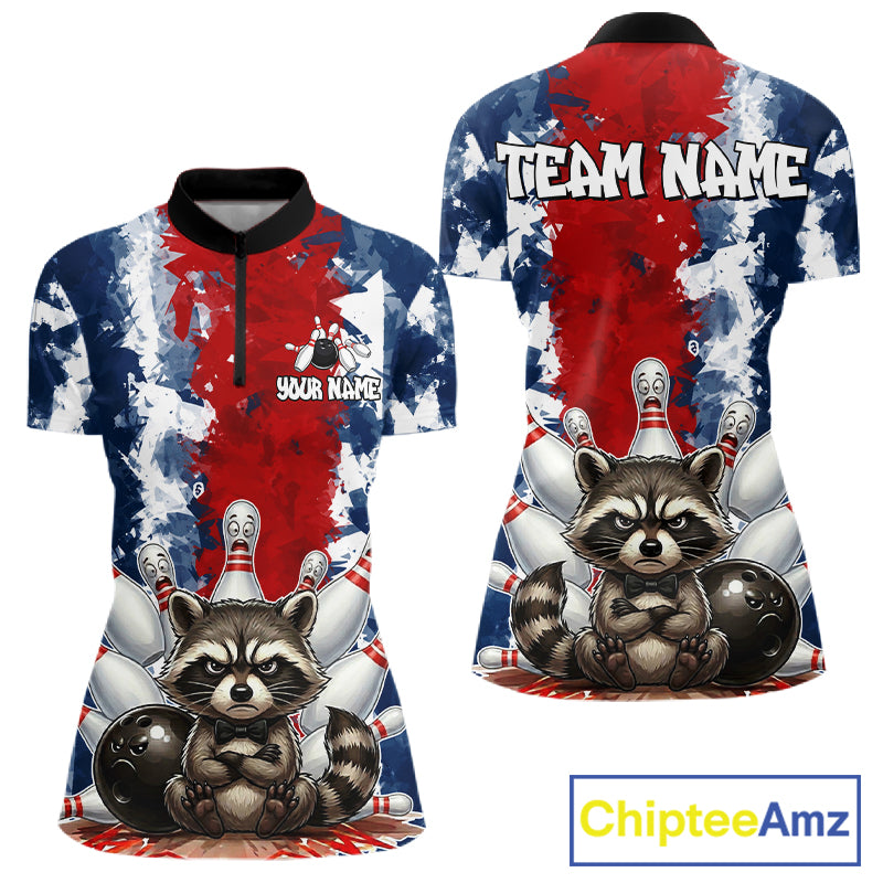 Funny raccoon bowling ball and pins women's bowling quarter-zip shirt, custom bowling jersey, red blue bowling team apparel, tournament bowling uniform