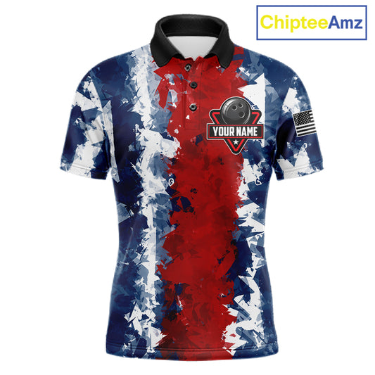 American flag men's bowling polo shirt, patriotic bowling jersey, red blue bowling team uniform, USA bowling apparel, custom bowling league shirt, personalized bowling jersey