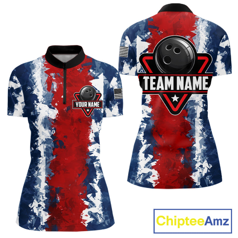 American flag women's bowling quarter-zip shirt, patriotic bowling team jersey, custom USA bowling uniform, tournament bowling apparel