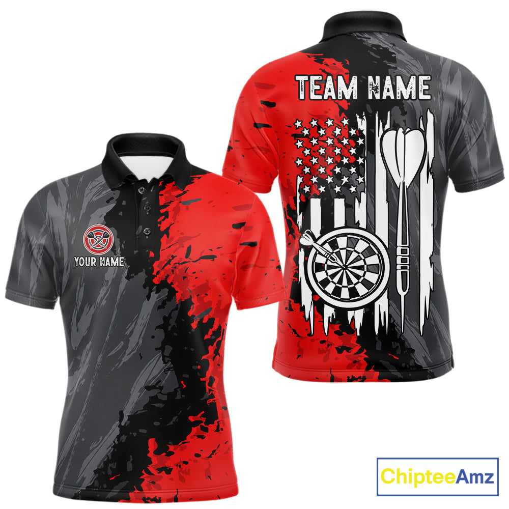 Custom Splatter Red & Grey Men's Darts Polo Shirt, American Flag Patriot Team Jersey, Personalized Dart Tournament Apparel, Athletic Performance Polo, USA Pride, Freedom, Strength, Team Competition