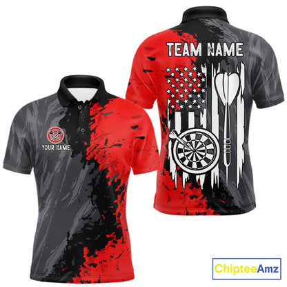 Custom Splatter Red & Grey Men's Darts Polo Shirt, American Flag Patriot Team Jersey, Personalized Dart Tournament Apparel, Athletic Performance Polo, USA Pride, Freedom, Strength, Team Competition