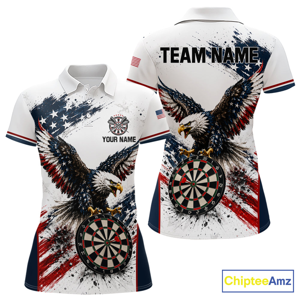 Custom Vintage Eagle Grunge Women's Darts Polo Shirt, American Flag Retro Team Jersey, Personalized Eagle Tournament Apparel, Vintage Patriotic Performance Polo, Freedom, Courage, Leadership, Classic Americana