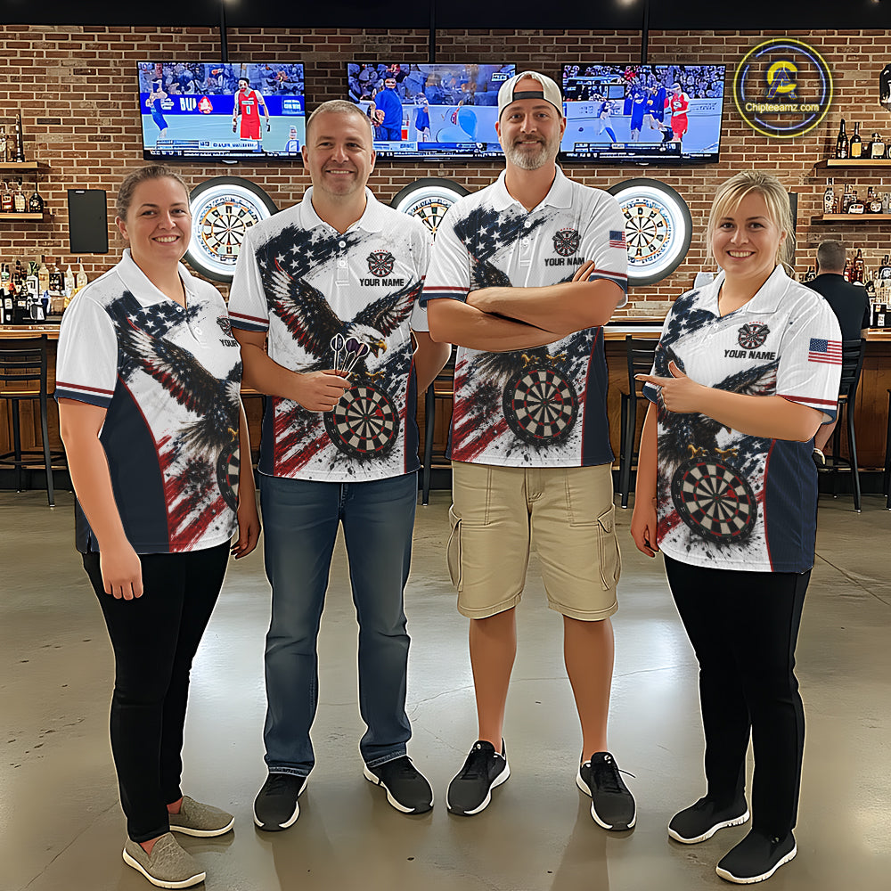 Darts team wearing matching Vintage Eagle Grunge polo and quarter-zip jerseys, personalized patriotic uniforms, retro Americana, teamwork, freedom, championship performance, veteran tribute