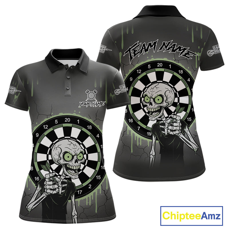 Custom Grey & Green Dartboard Funny Skeleton Dart Women Polo Jerseys Dart Team Shirts NYN1752