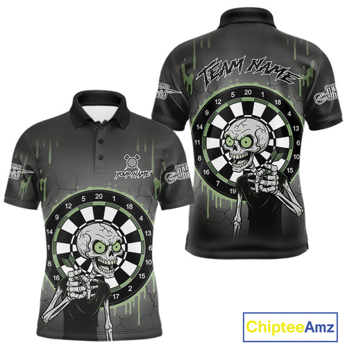 Custom Grey & Green Dartboard Funny Skeleton Dart Men Polo Jerseys Dart Team Shirts NYN1752