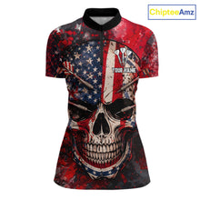 Load image into Gallery viewer, Red Grunge US Flag Skull Dart Arrow Women Darts Quarter-Zip Shirt Custom Retro Darts Team Jerseys NYN2552