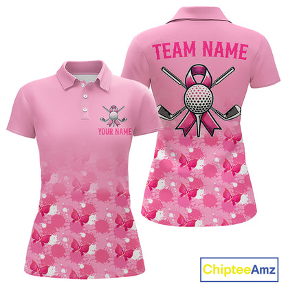 Pink golf polo shirt with Breast Cancer Awarenes design and customizable text on a white background