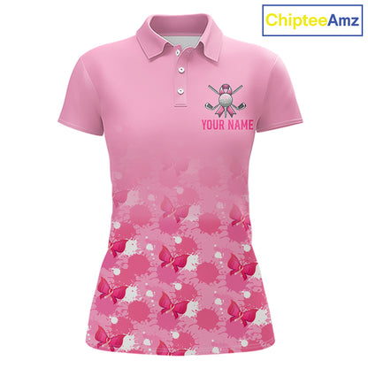 Pink golf polo shirt with Breast Cancer Awarenes design and customizable text on a white background